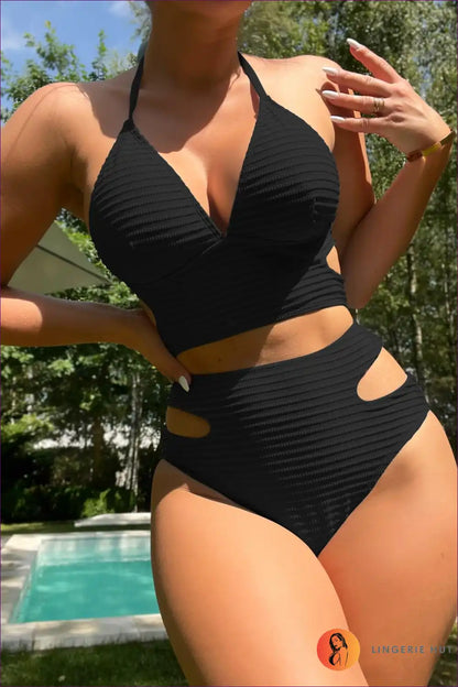 High Waist Cutout Bikini Set with Sculpted Halter Top for Beachwear, Bikini, Cutout, Everyday, Halter