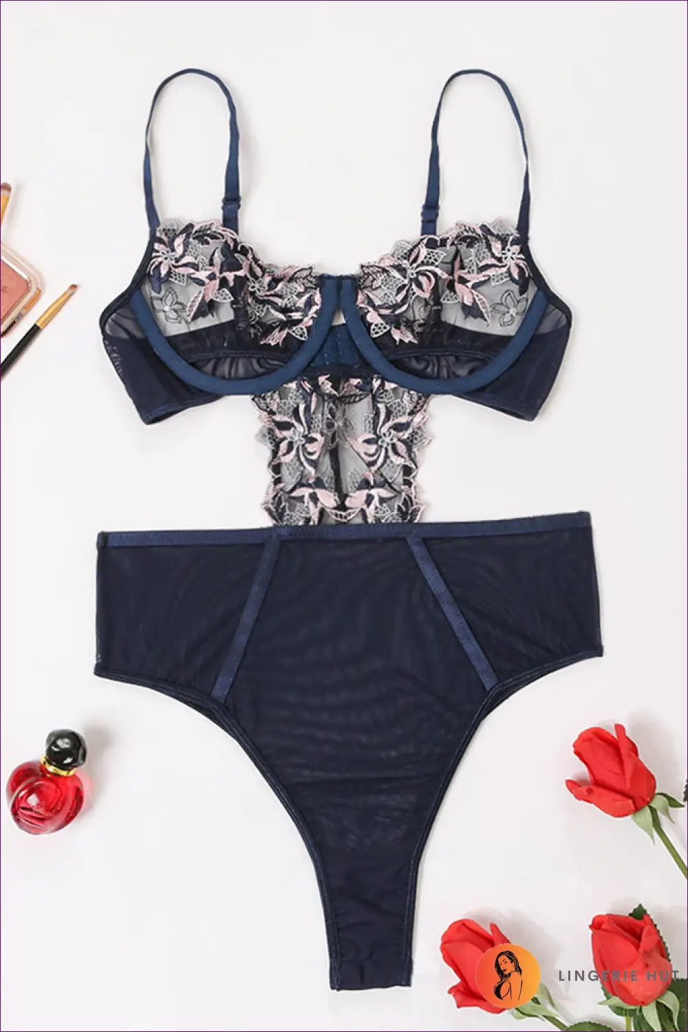 High-waist Jumpsuit with Embroidered Mesh Panel - Bold Confidence - Boudoir • just in • Polyester • Sexy - Lingerie Hut