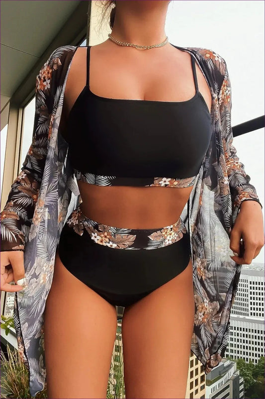 Unlock The Beach Goddess In You With a High-waist, Three-piece Swimsuit. Includes Long-sleeve Blouse For