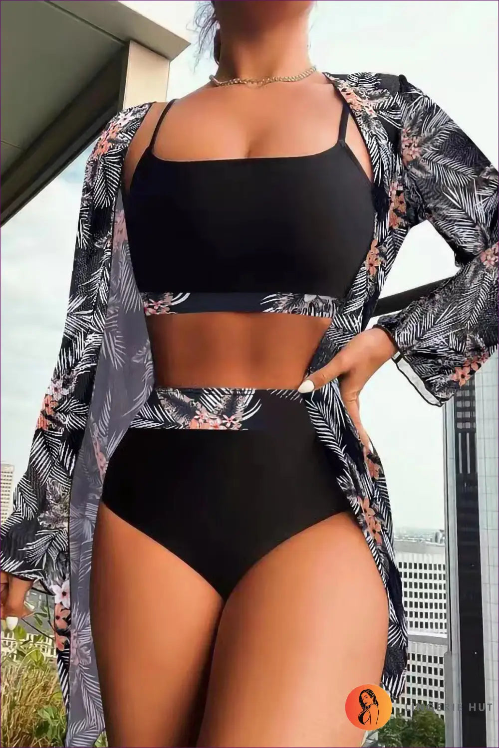 Unlock The Beach Goddess In You With a High-waist, Three-piece Swimsuit. Includes Long-sleeve Blouse For