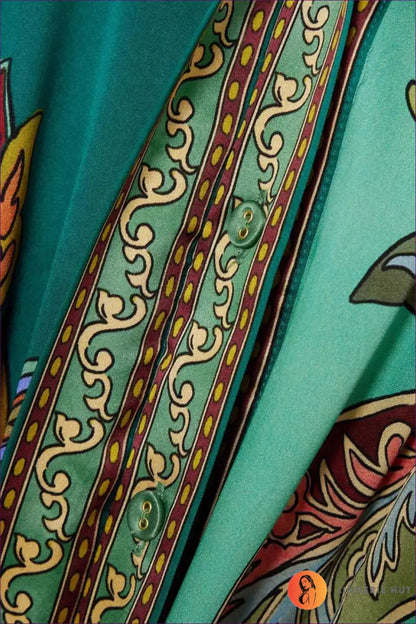 Holiday Collared Single Placket Lantern Sleeve Long Vintage Printing Dress