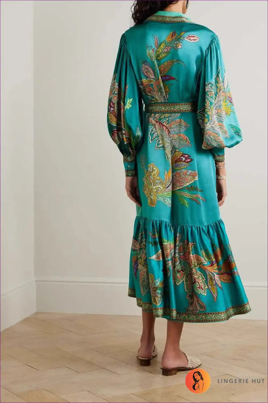 Holiday Collared Single Placket Lantern Sleeve Long Vintage Printing Dress