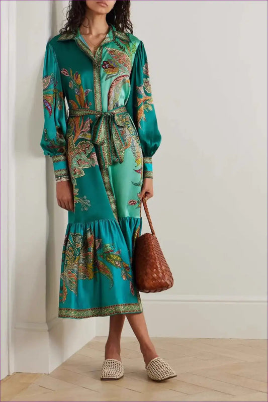 Holiday Collared Single Placket Lantern Sleeve Long Vintage Printing Dress