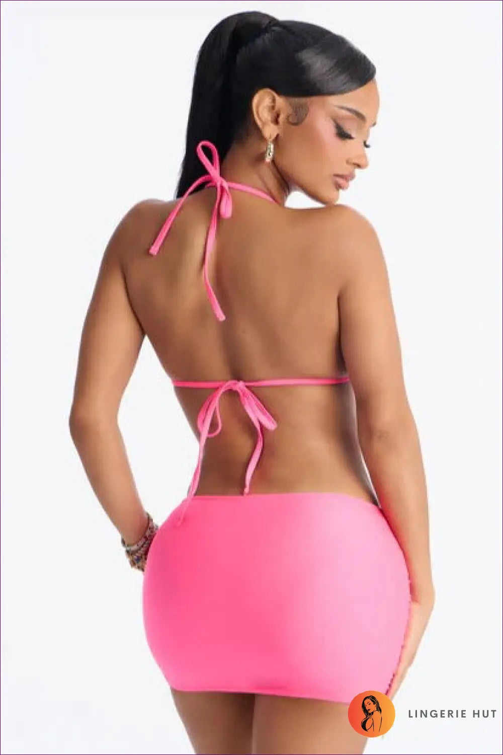 Hollow out Cutout Slim Fit Sexy Halter Lace Up Solid Color Metal Design Vacation Bikini Swimsuit Three Piece Set