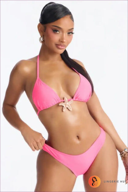 Hollow out Cutout Slim Fit Sexy Halter Lace Up Solid Color Metal Design Vacation Bikini Swimsuit Three Piece Set