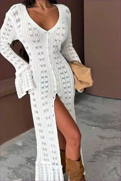 Hollow Knit Maxi Dress with Bell Sleeves - Effortless Boho Layers - Dresses - Lingerie Hut - Casual • Everyday • Glamour