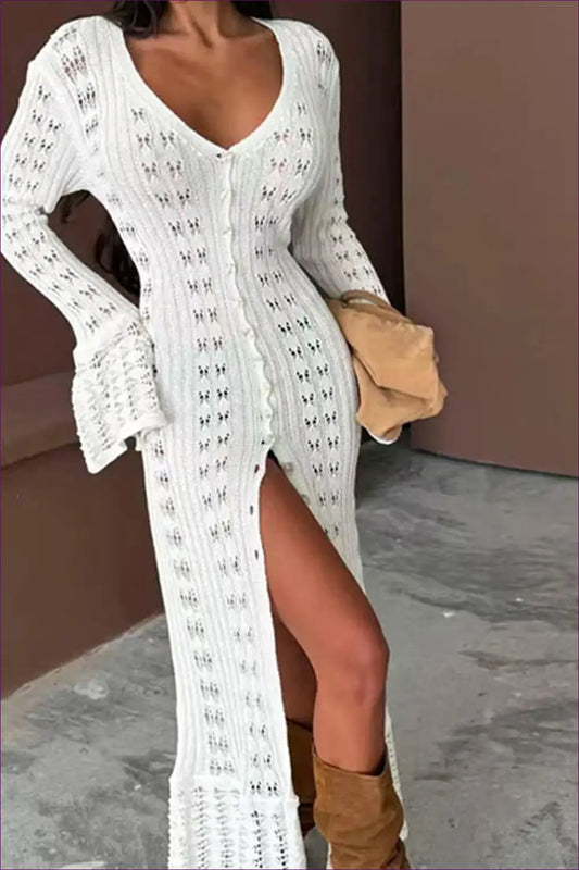 Hollow Knit Maxi Dress with Bell Sleeves - Effortless Boho Layers - Dresses - Lingerie Hut - Casual • Everyday • Glamour