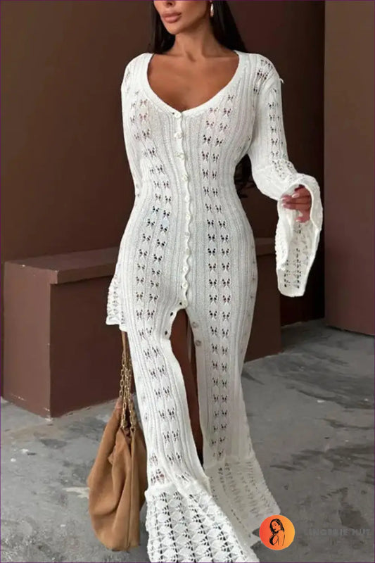 Hollow Knit Maxi Dress with Bell Sleeves - Effortless Boho Layers - s / White - Dresses - Lingerie Hut - Casual