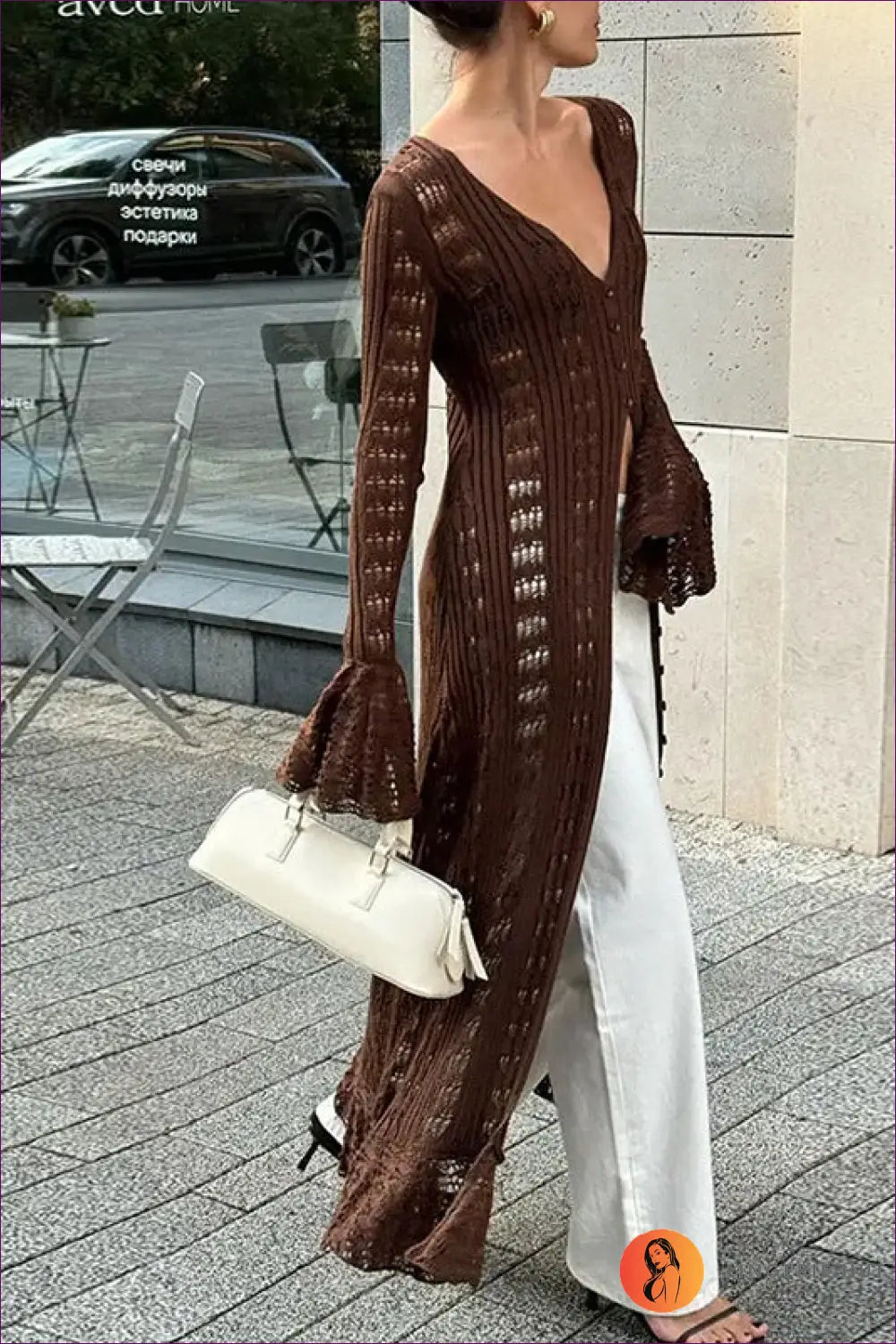 Hollow Knit Maxi Dress with Bell Sleeves - Effortless Boho Layers - s / Coffee - Dresses - Lingerie Hut - Casual