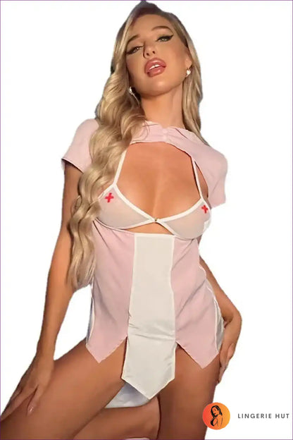Hollow out See-through Nurse Uniform Dress for Bold Cosplay Bodysuit, Boudoir, Clubwear, Costume, Cutout