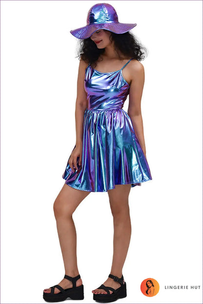 Holographic Mini Dress with A-line Skirt - Festival Energy - Bodysuit - Dresses - Lingerie Hut - Clubwear • Glamour