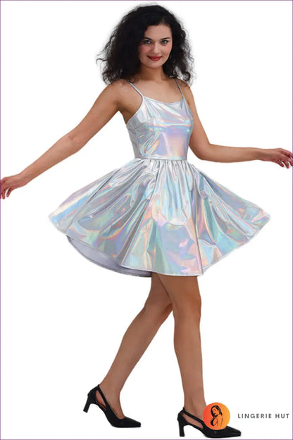 Holographic Mini Dress with A-line Skirt - Festival Energy - s / Silver1 - Bodysuit - Dresses - Lingerie Hut - Clubwear