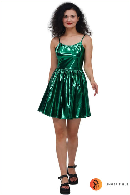 Holographic Mini Dress with A-line Skirt - Festival Energy - s / Green - Bodysuit - Dresses - Lingerie Hut - Clubwear