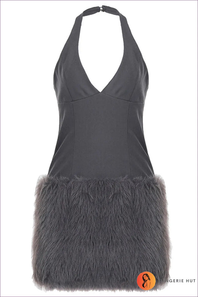 Grey Mini Dress with Faux Fur Trim