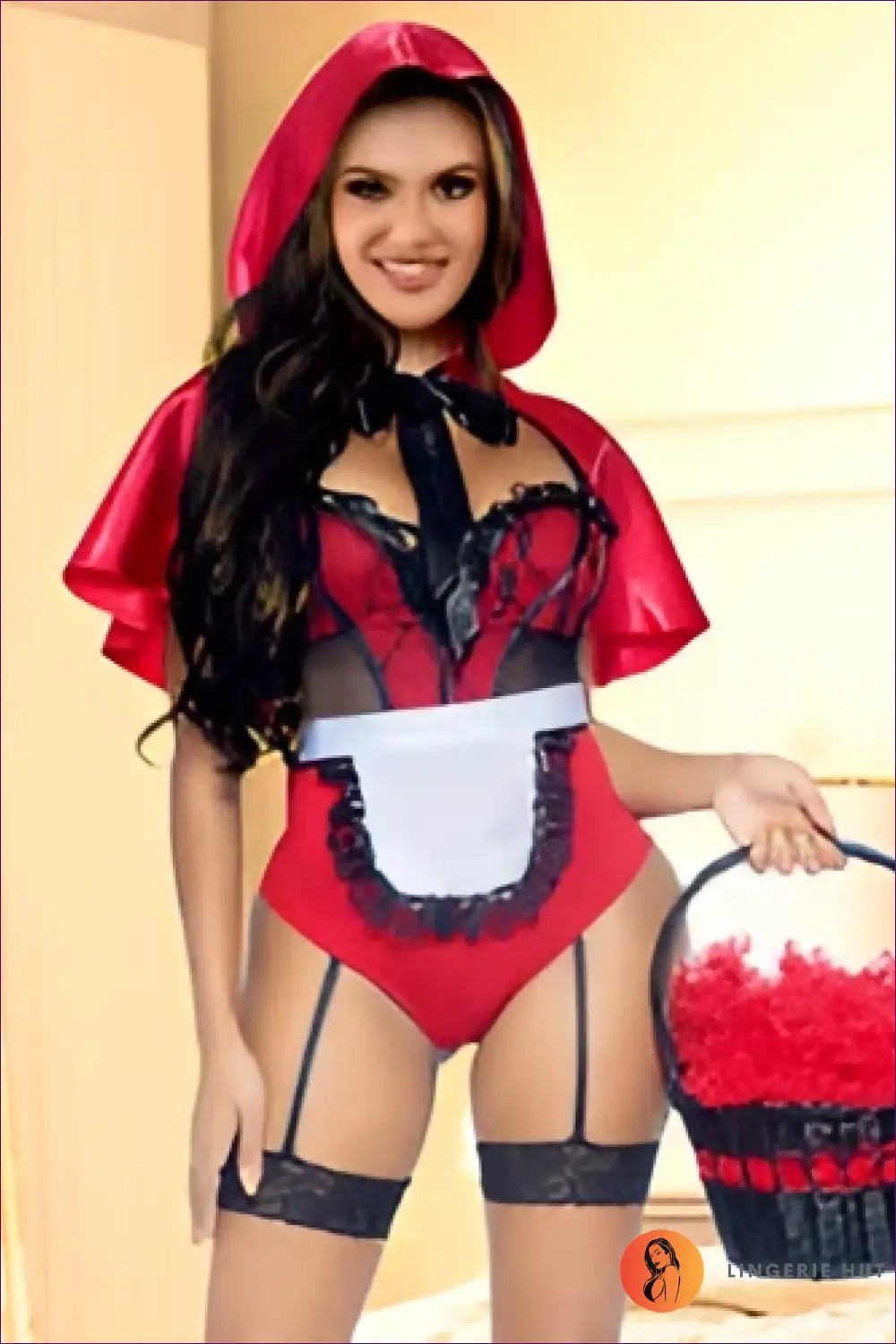 Hooded Lace Bodysuit Costume - Fantasy Roleplay Ready - m / Red - Lingerie Hut - All Season • Boudoir • Garter