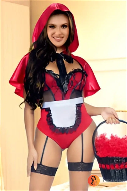Hooded Lace Bodysuit Costume - Fantasy Roleplay Ready - m / Red - Lingerie Hut - All Season • Boudoir • Garter