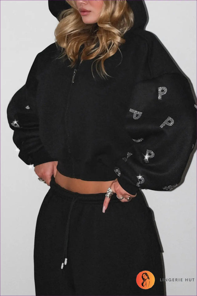 Rhinestone Hoodie Co Ord Set - Effortless City Glamour