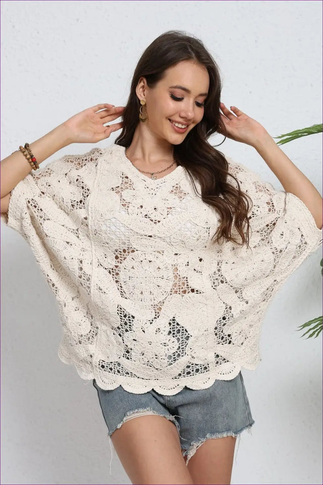 Ivory Crochet Batwing Top with Scalloped Hem - Easy Summer Days