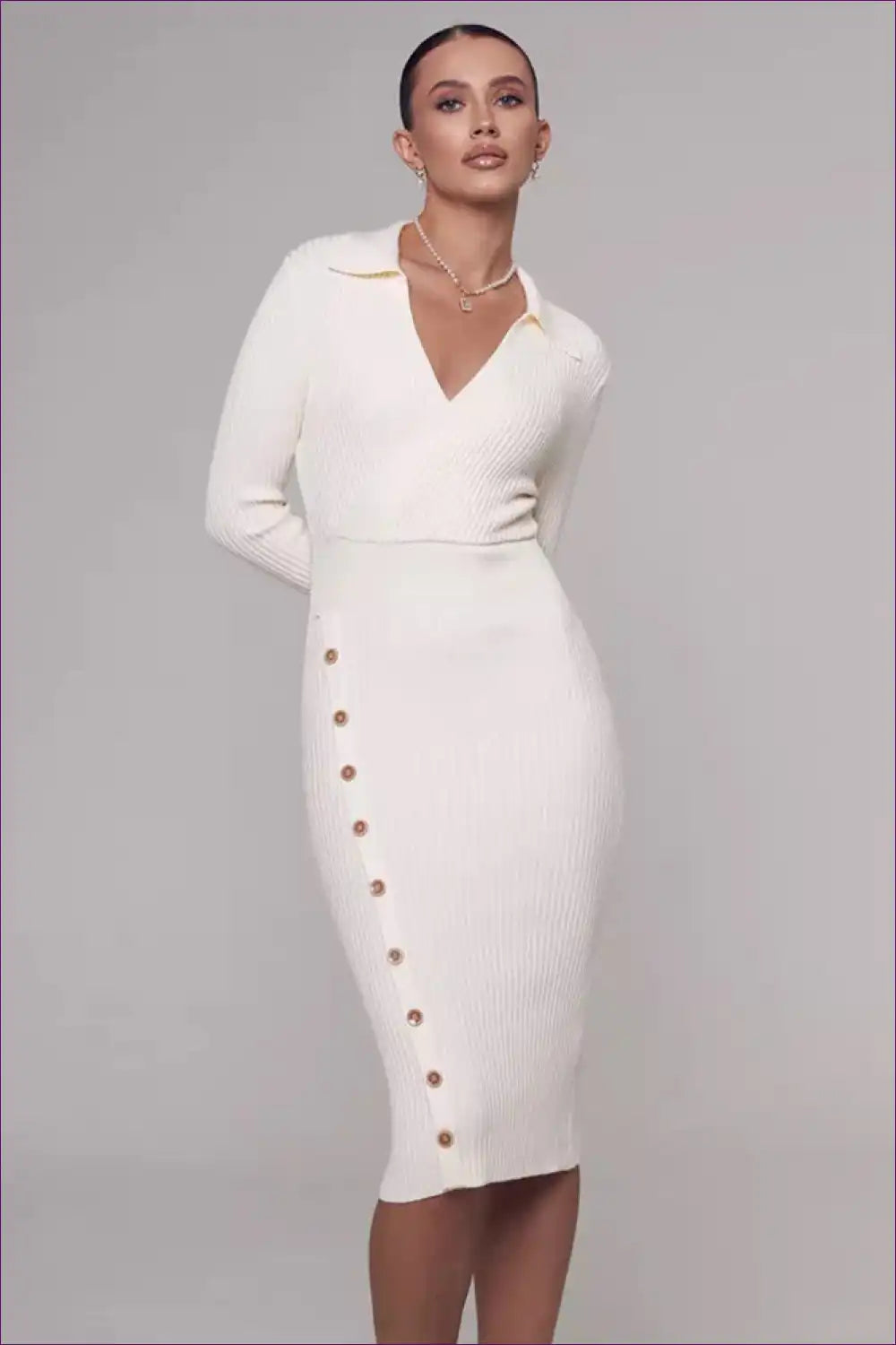 Ivory Ribbed Knit Dress – Effortlessly Chic & Elegant for Bodycon, Dress, Everyday, Midi, Modest