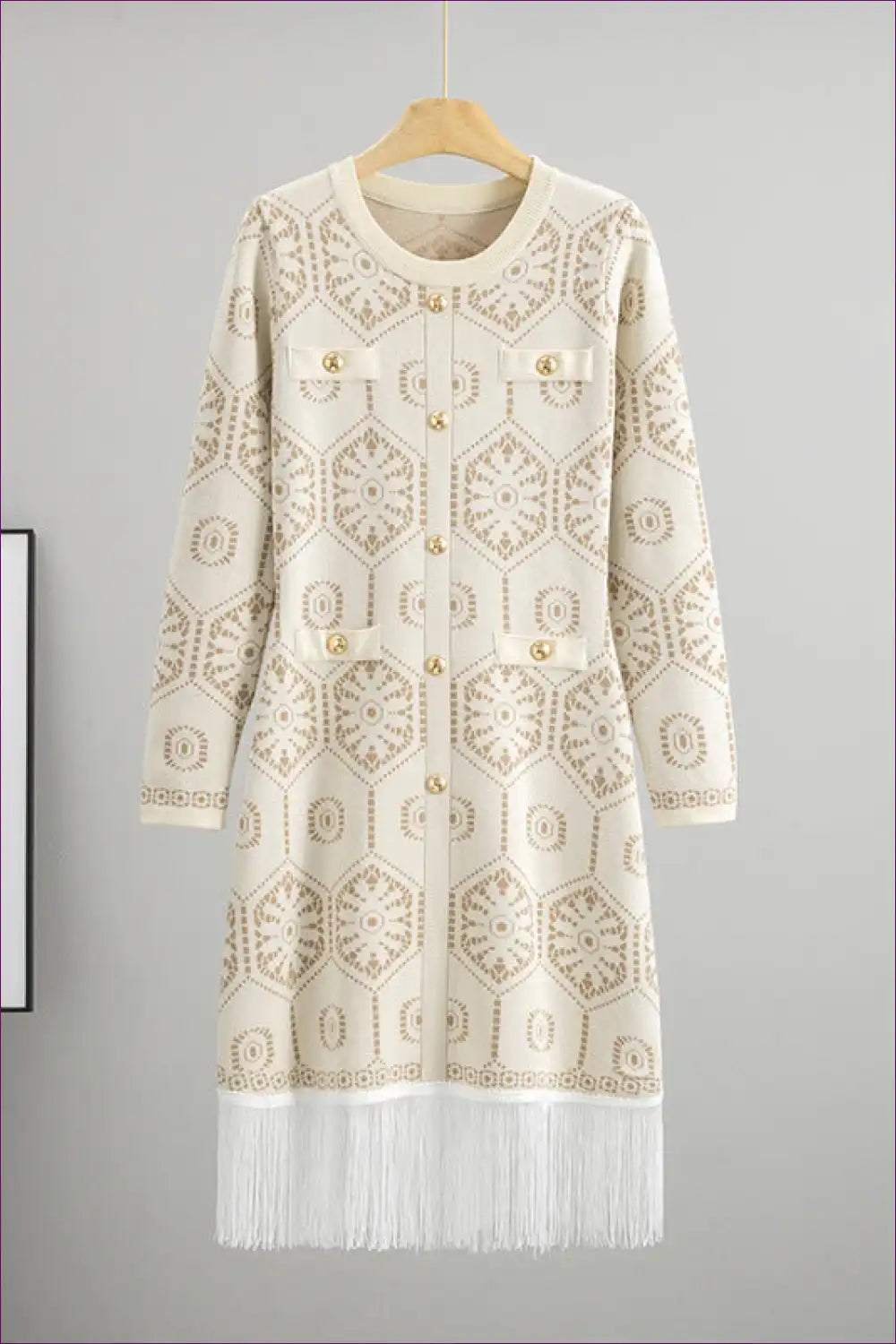 Jacquard Knit Dress with Fringe Hem Detail for Autumn, Boho, Casual, Dresses, Everyday