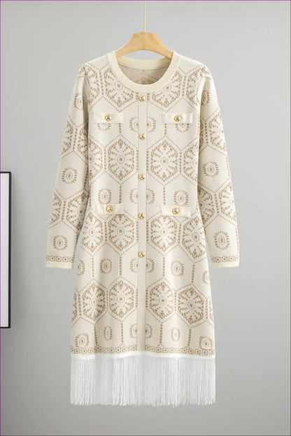 Jacquard Knit Dress with Fringe Hem Detail for Autumn, Boho, Casual, Dresses, Everyday