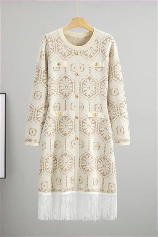 Jacquard Knit Dress with Fringe Hem Detail for Autumn, Boho, Casual, Dresses, Everyday