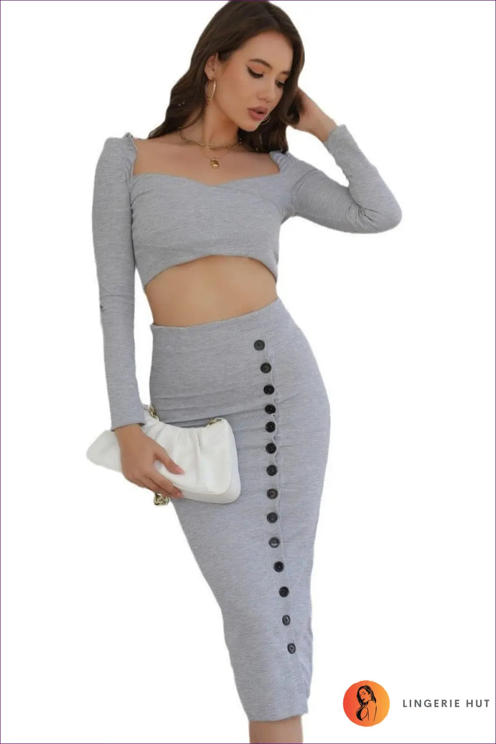 Jersey co Ord Midi Set with Crop Top - Understated Glamour - s / Grey - Outfit Sets - Lingerie Hut - Autumn • Bodycon