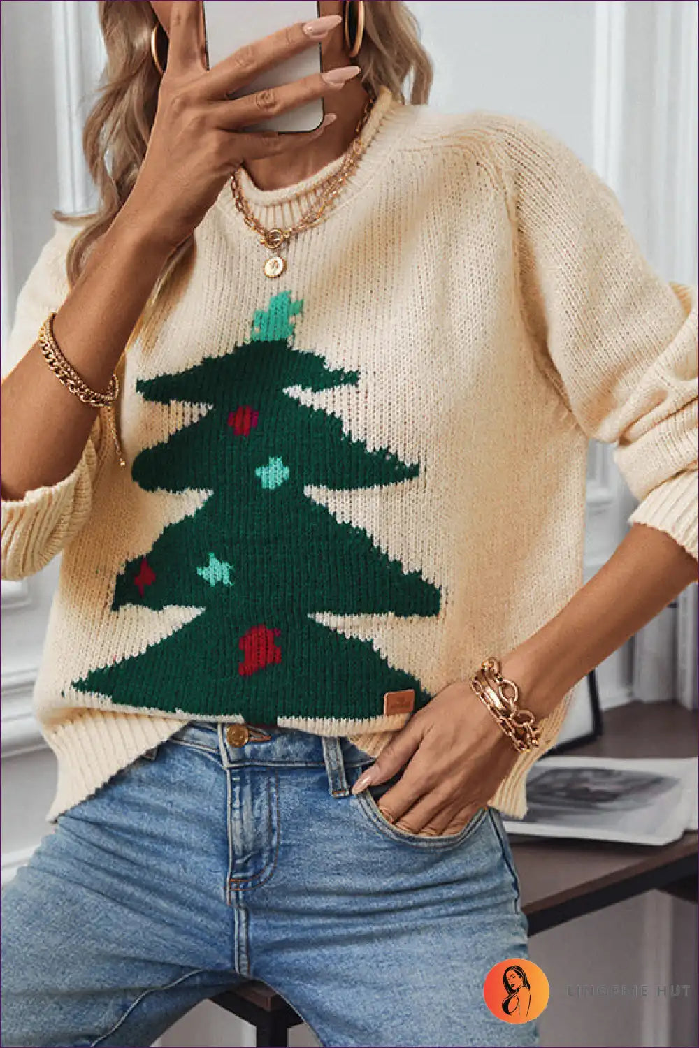 Jumper with Christmas Tree Motif - Holiday Spirit for Autumn, Casual, Everyday, just In, Modest