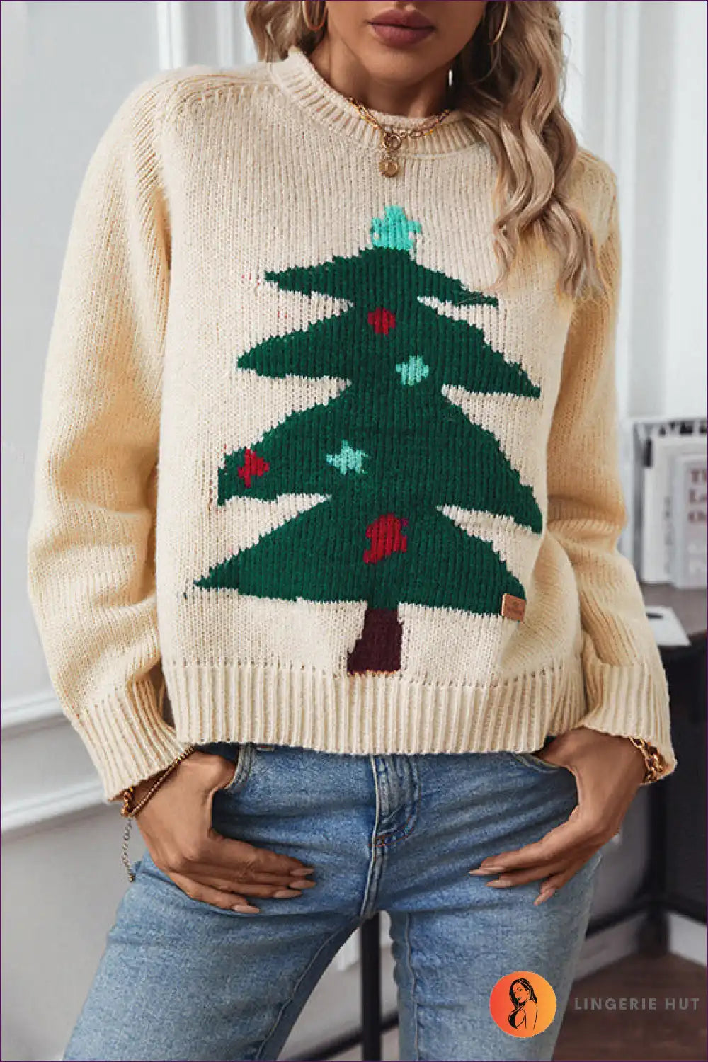 Jumper with Christmas Tree Motif - Holiday Spirit for Autumn, Casual, Everyday, just In, Modest