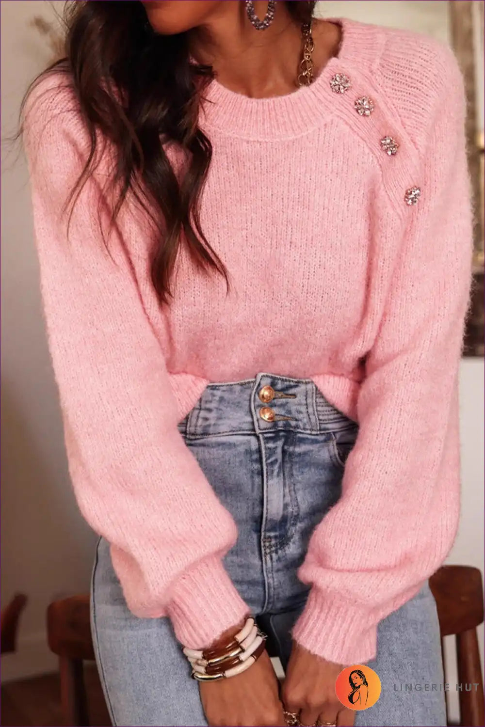 Jumper with Crystal Button Details - Elevated Everyday for All Season, Casual, Evening Wear, Everyday, Glamour