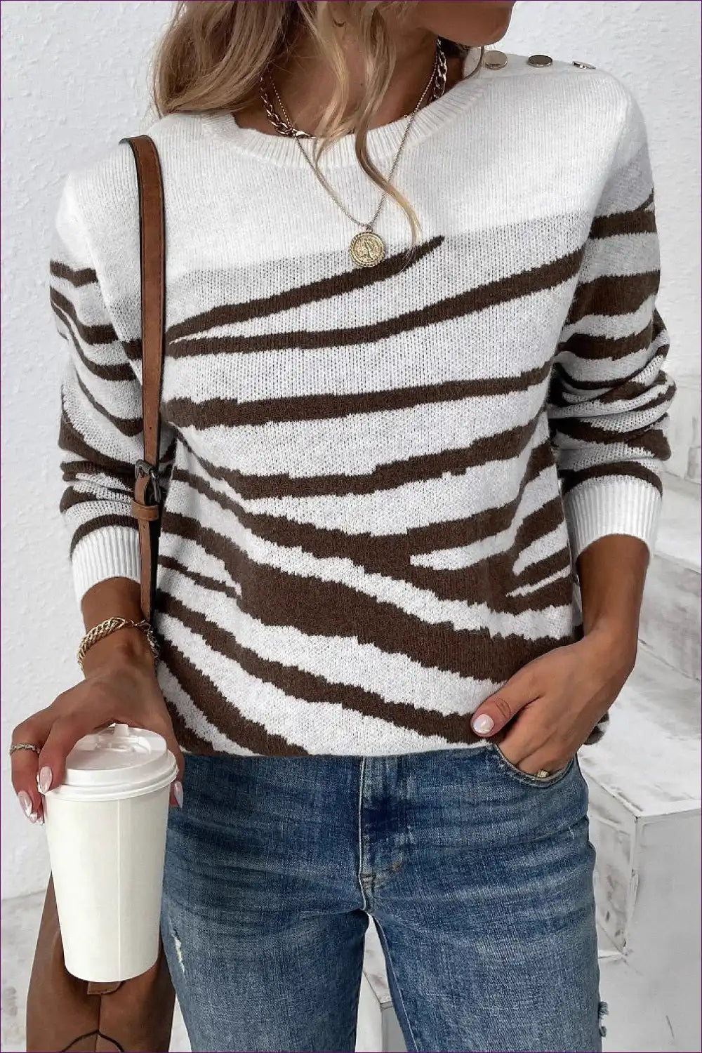 Jumper with Diagonal Stripes - Coffee Shop Confidence for All Season, Autumn, Casual, Everyday,