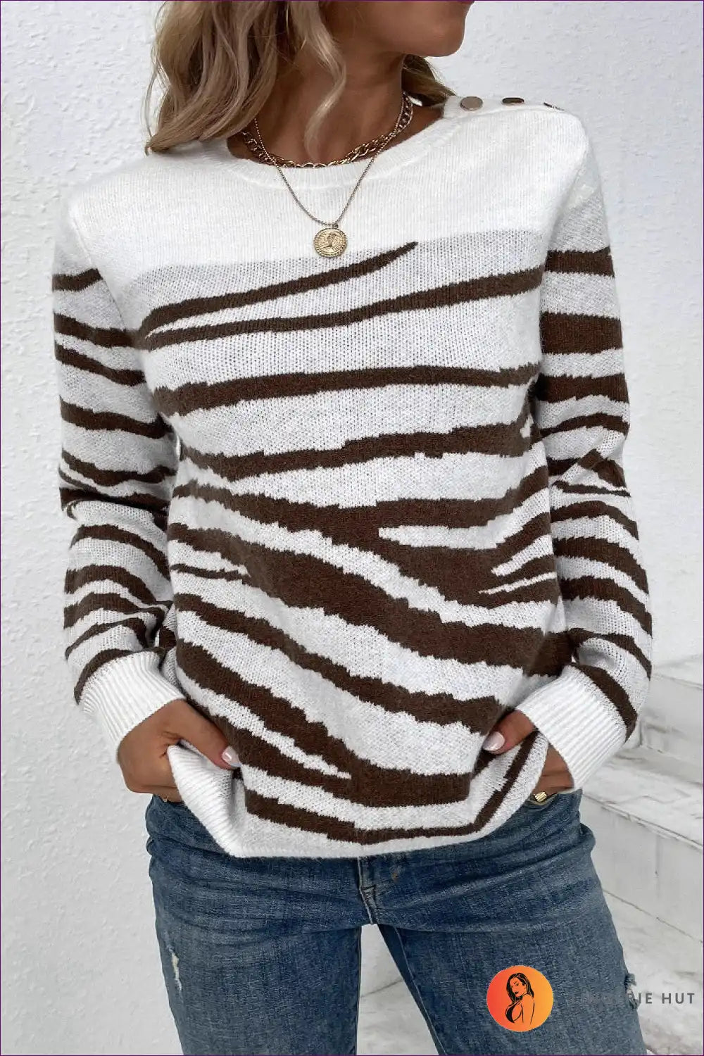 Jumper with Diagonal Stripes - Coffee Shop Confidence for All Season, Autumn, Casual, Everyday,