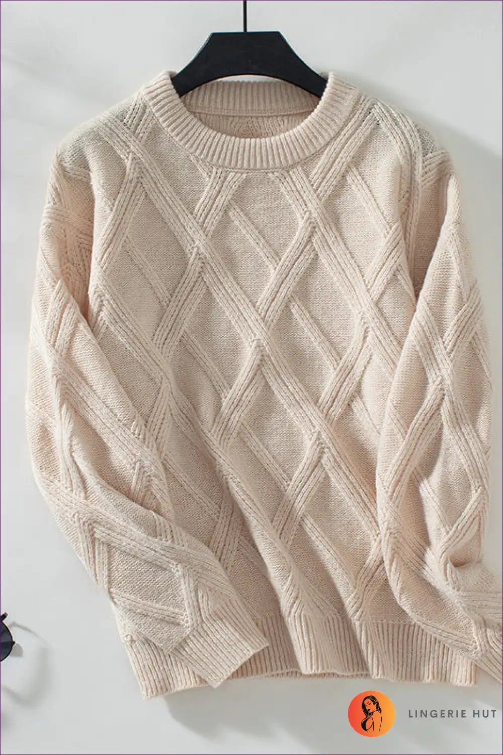 Jumper with Diamond Cable Pattern - Textured Elegance for All Season, Autumn, Casual, Everyday, Glamour