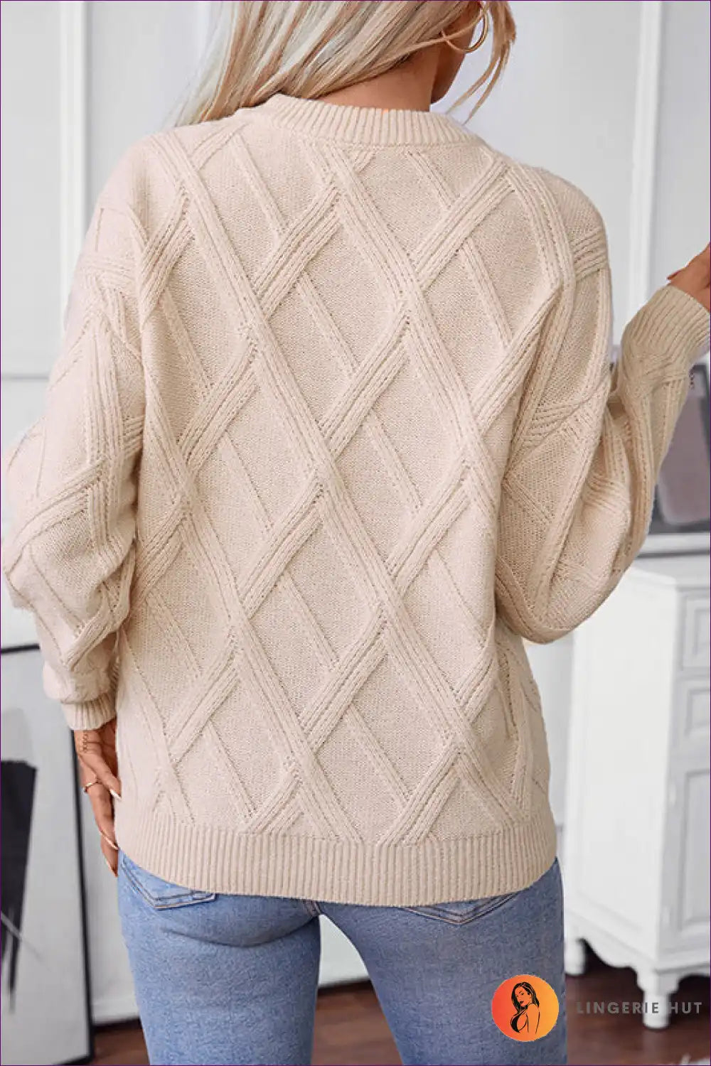 Jumper with Diamond Cable Pattern - Textured Elegance for All Season, Autumn, Casual, Everyday, Glamour