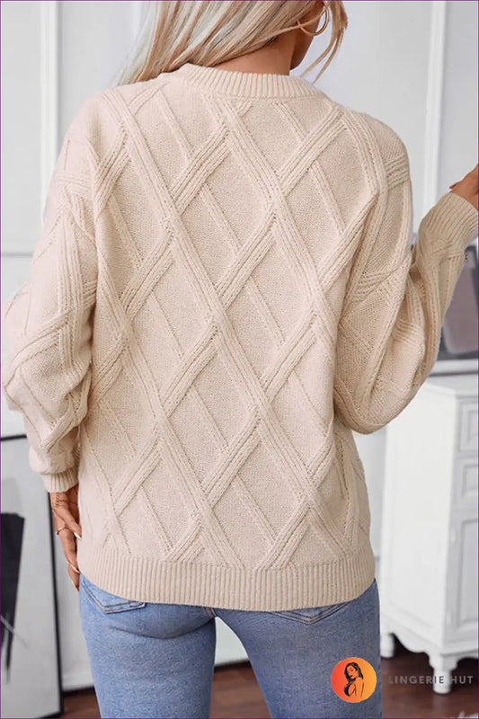 Jumper with Diamond Cable Pattern - Textured Elegance for All Season, Autumn, Casual, Everyday, Glamour