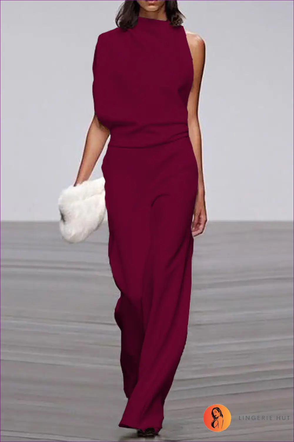 Jumpsuit with Asymmetric Neckline - Modern Minimalism - s / Burgundy - Lingerie Hut - All Season • Backless • Casual