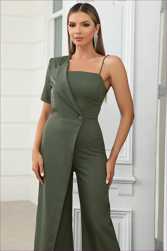 Jumpsuit with Asymmetric Shoulder - Modern Sophistication for All Season, Backless, Casual, Cutout, Evening