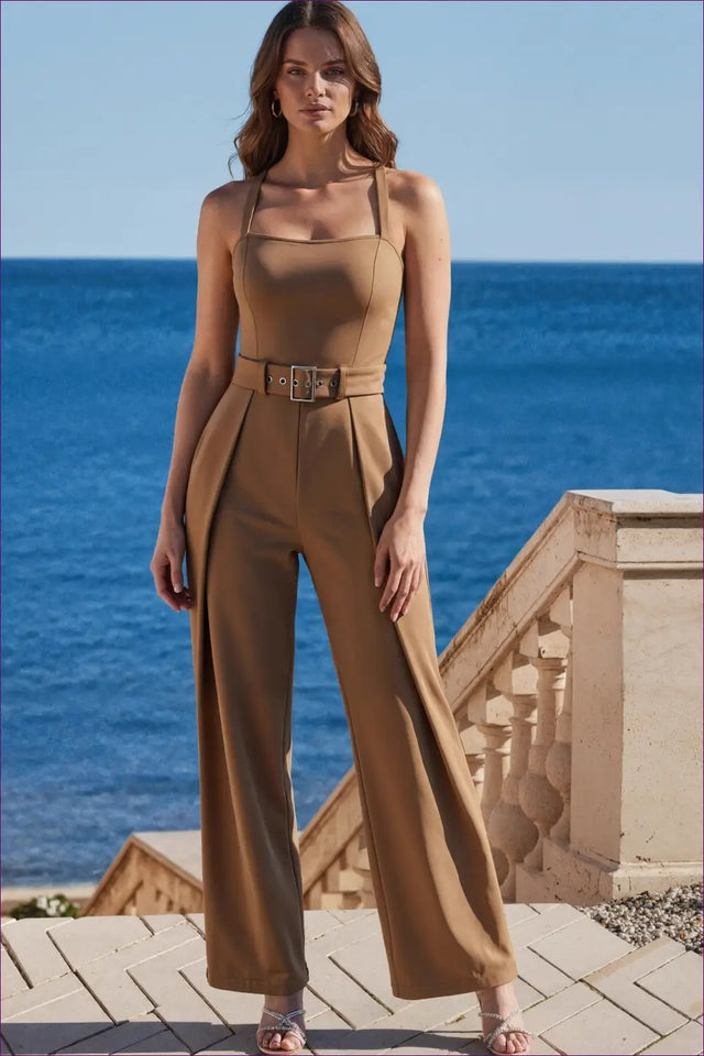 Jumpsuit with Belted Waist - Mediterranean Elegance