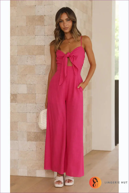 Jumpsuit with Bow Detail - Playful Romance - s / Coral Red - Lingerie Hut - Boho • Casual • Cutout • Everyday • Glamour