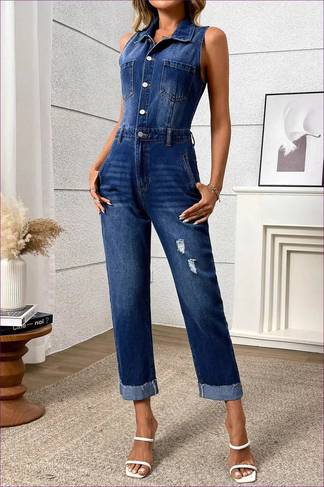 Sleeveless Jumpsuit with Distressed Details - Weekend Rebel Energy