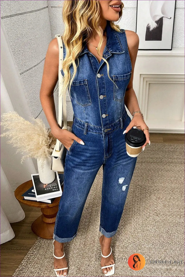Sleeveless Jumpsuit with Distressed Details - Weekend Rebel Energy