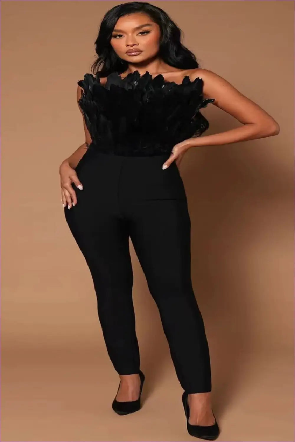 Jumpsuit with Feather Bandeau Top - Statement Evenings - Lingerie Hut - Backless • Cutout • Evening Wear • Formal