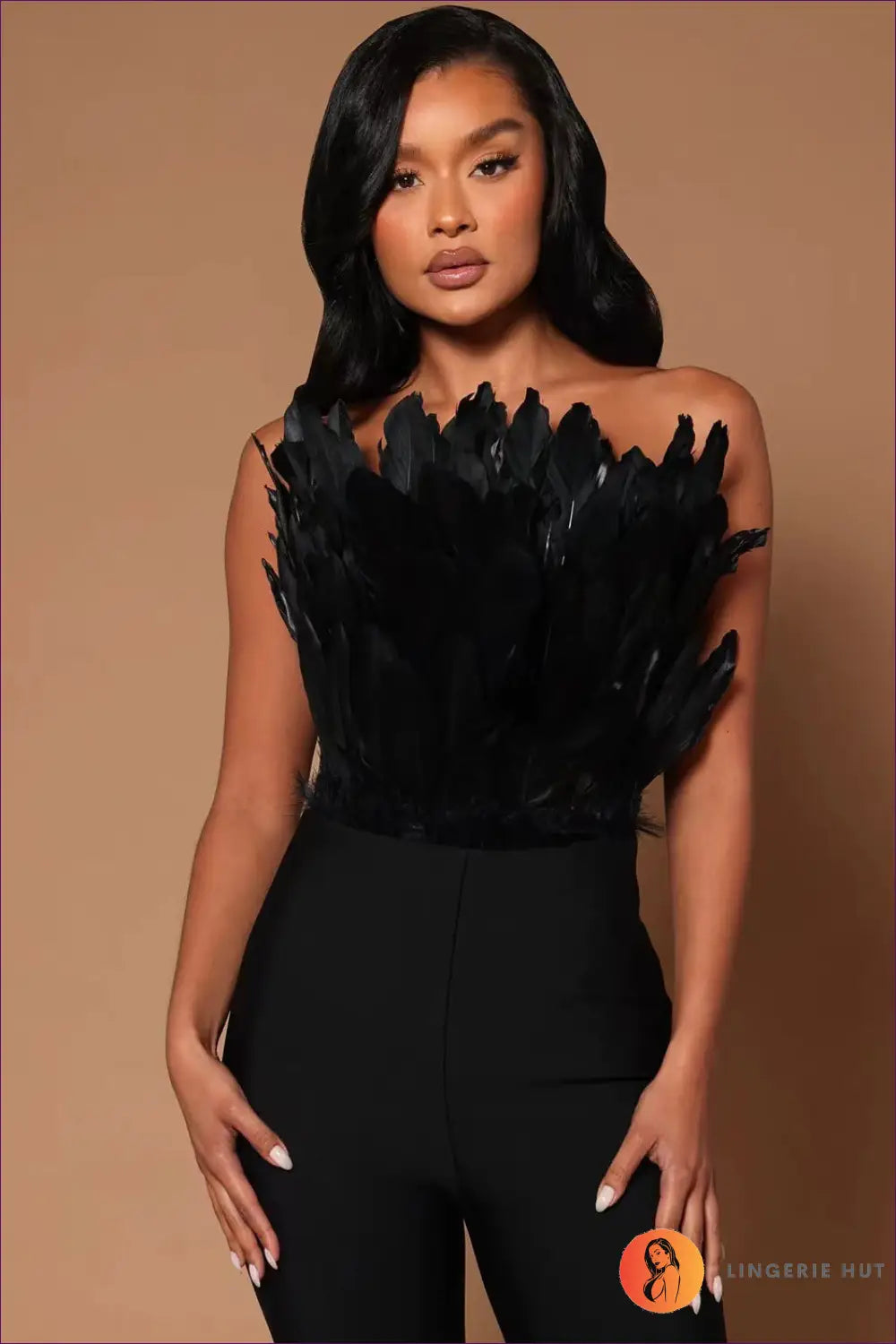 Jumpsuit with Feather Bandeau Top - Statement Evenings - Lingerie Hut - Backless • Cutout • Evening Wear • Formal