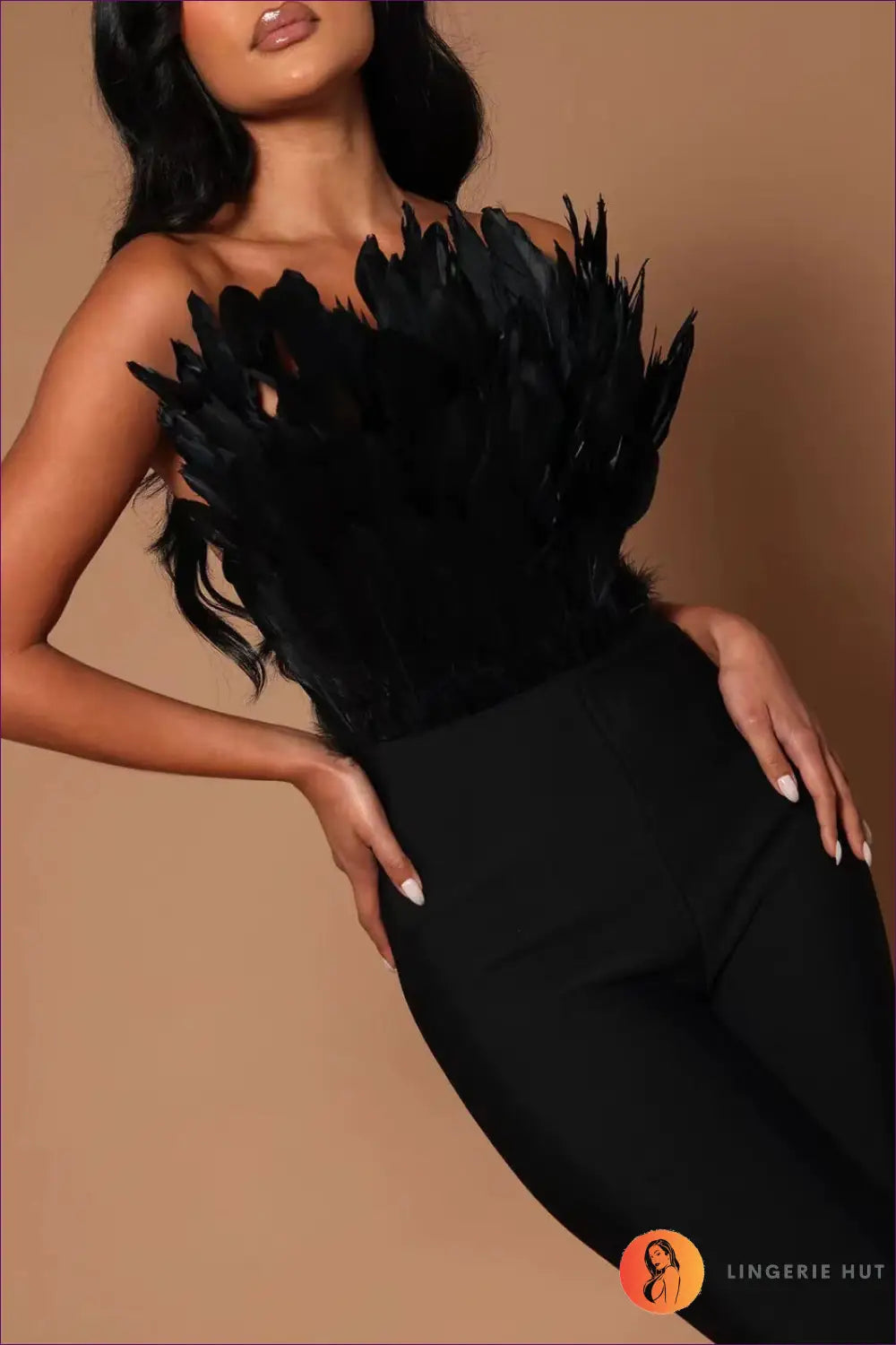 Jumpsuit with Feather Bandeau Top - Statement Evenings - Lingerie Hut - Backless • Cutout • Evening Wear • Formal