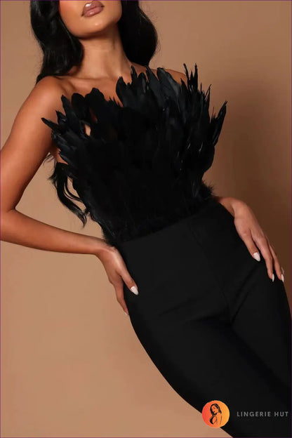Jumpsuit with Feather Bandeau Top - Statement Evenings - Lingerie Hut - Backless • Cutout • Evening Wear • Formal