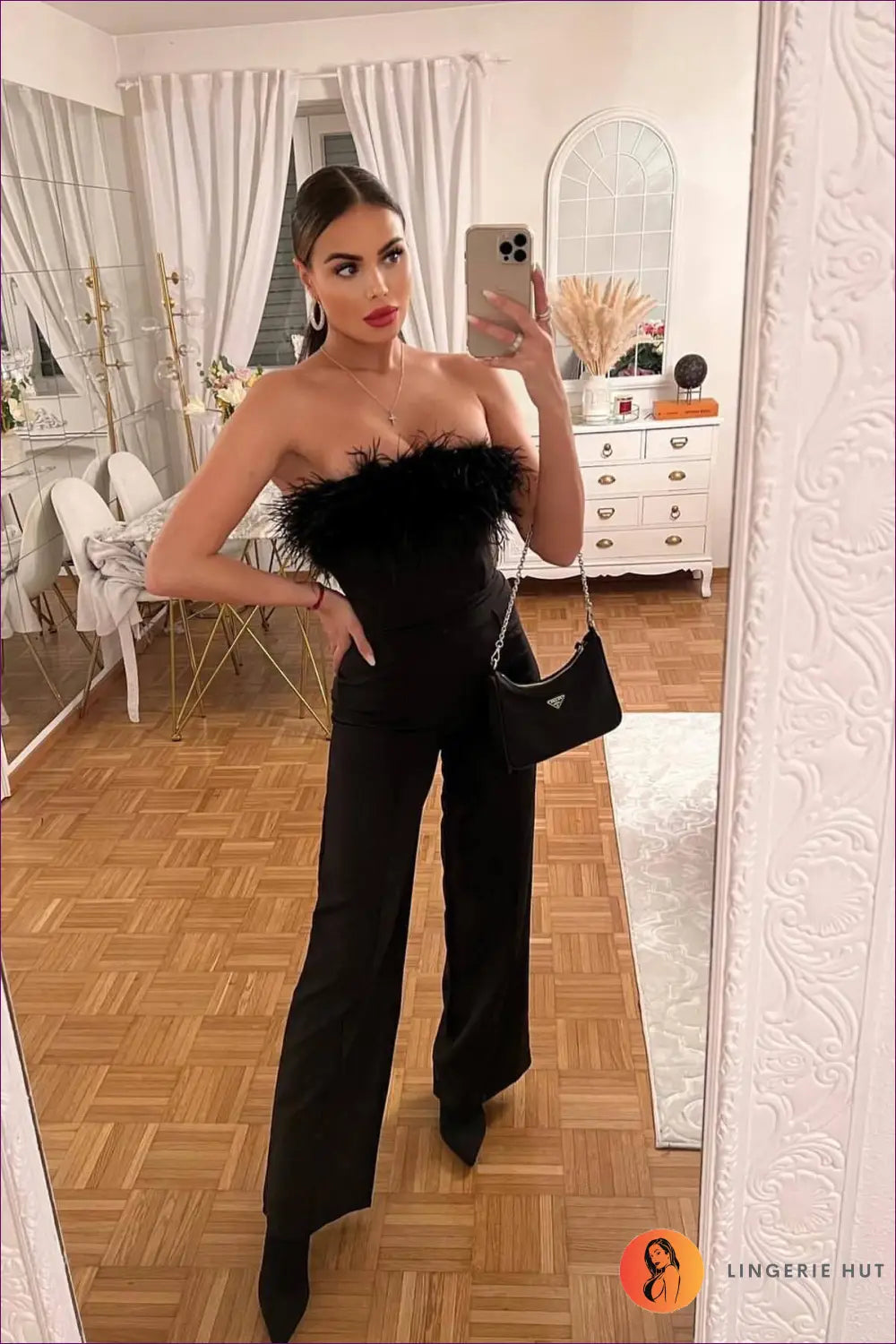 Jumpsuit with Feather Bustier - Statement Evening - Lingerie Hut - All Season • Backless • Cutout • Evening Wear