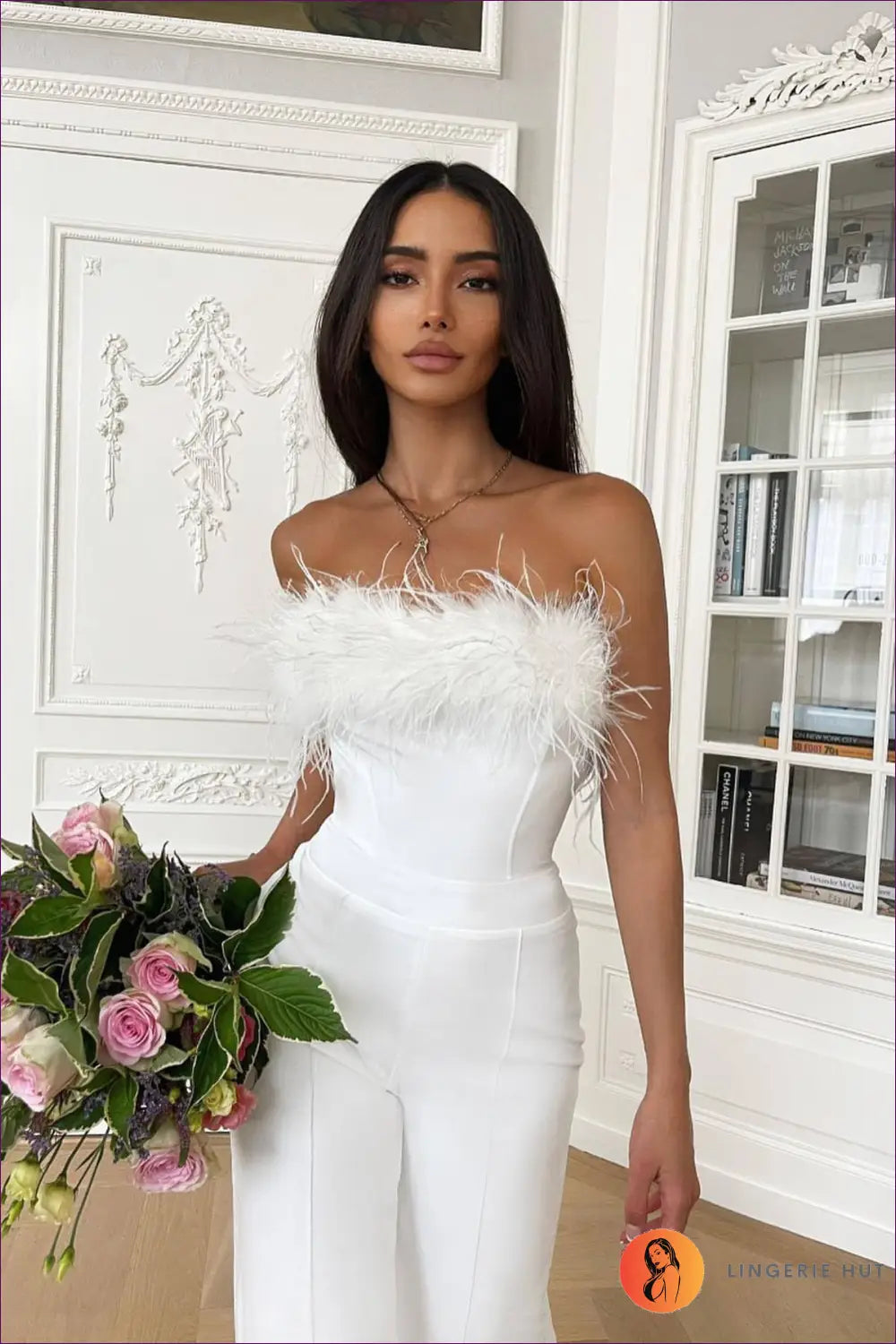 Jumpsuit with Feather Bustier - Statement Evening - m / White - Lingerie Hut - All Season • Backless • Cutout • Evening