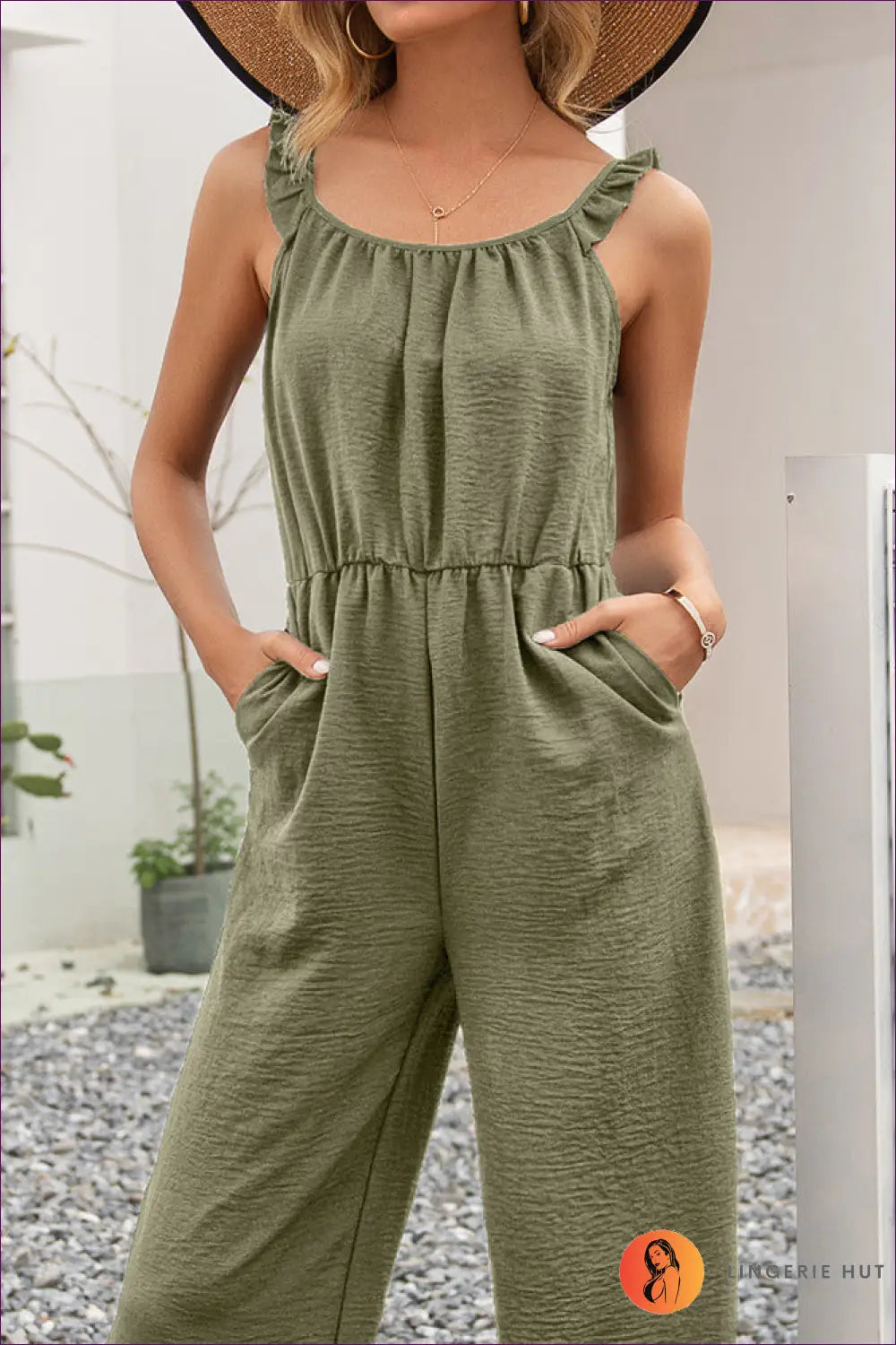 Jumpsuit with Gathered Waist - Casual Comfort - l / Green - Lingerie Hut - All Season • Boho • Cotton • Everyday