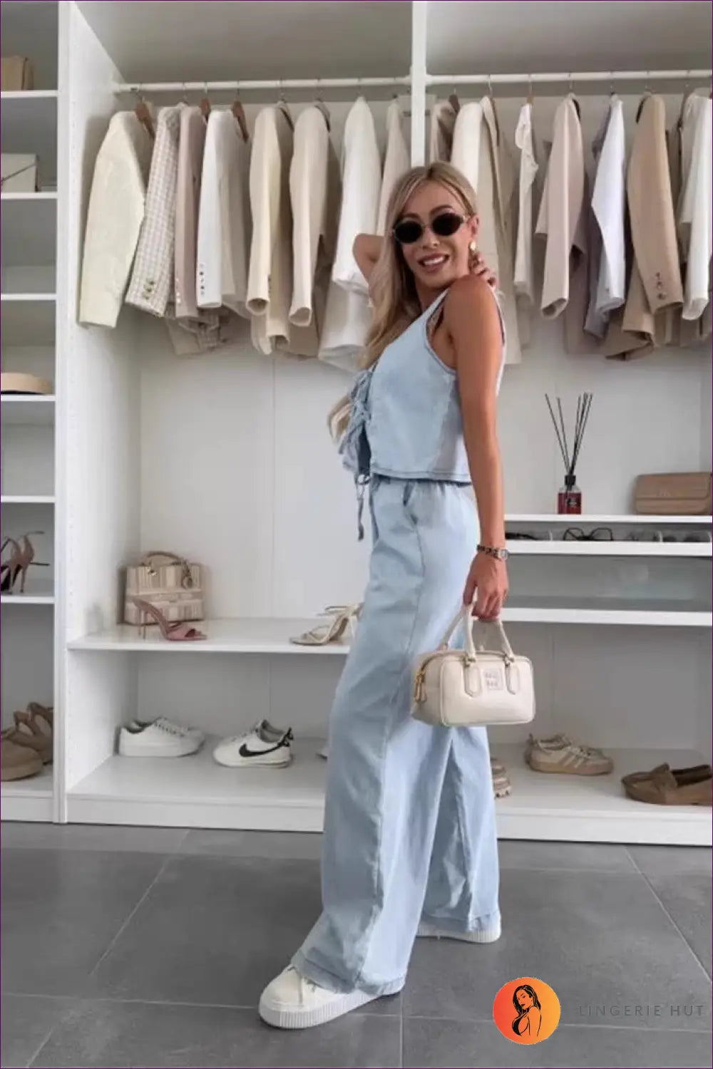 Jumpsuit with Lace-up Vest Top - Weekend Wanderer - Lingerie Hut - All Season • Casual • Cotton • Cutout • Denim