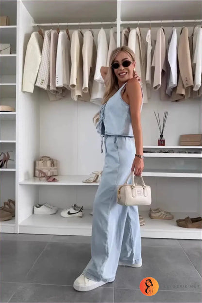 Jumpsuit with Lace-up Vest Top - Weekend Wanderer - Lingerie Hut - All Season • Casual • Cotton • Cutout • Denim